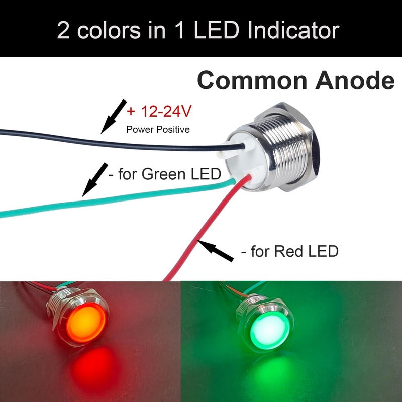 DMWD 16mm 12V-24V Metal 2 Colors LED Indicator Lights, Waterproof Common Anode Signal Lamp Red and Green LED in 1, with Pre-Wired Cables to Indicate The Power Supply Status 2Pcs - Image 2